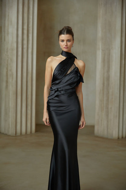 Maureen black ribbon-design satin maxi dress