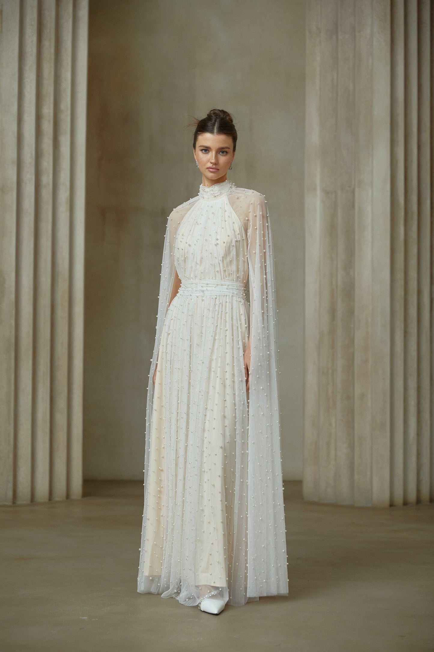 Louane white cape-design embellished tulle maxi dress