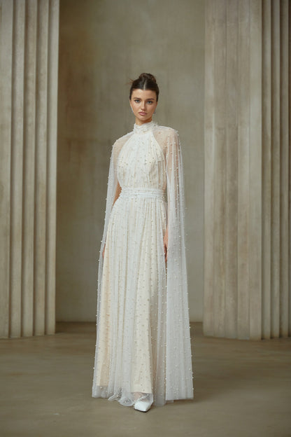 Louane white cape-design embellished tulle maxi dress