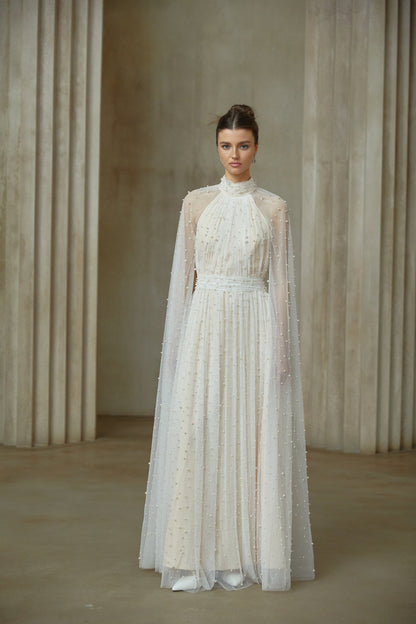 Louane white cape-design embellished tulle maxi dress