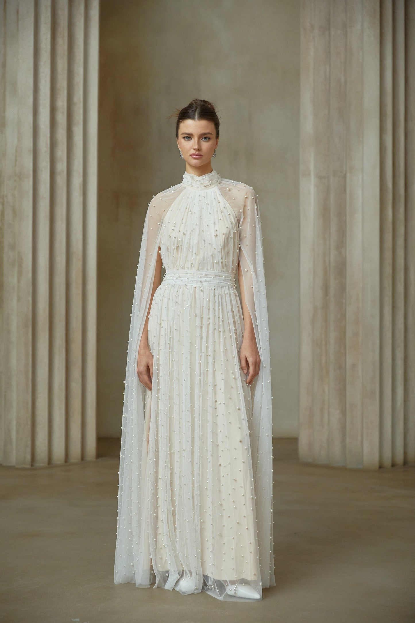 Louane white cape-design embellished tulle maxi dress