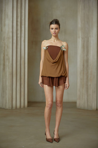 Vanessa brown butterfly-pin panelled top & skirt matching set