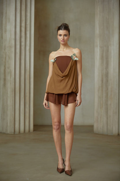 Vanessa brown butterfly-pin panelled top & skirt matching set
