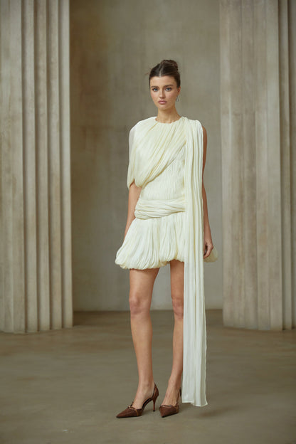 Cyrielle Pleated Mini Dress with Ribbon Design Accent