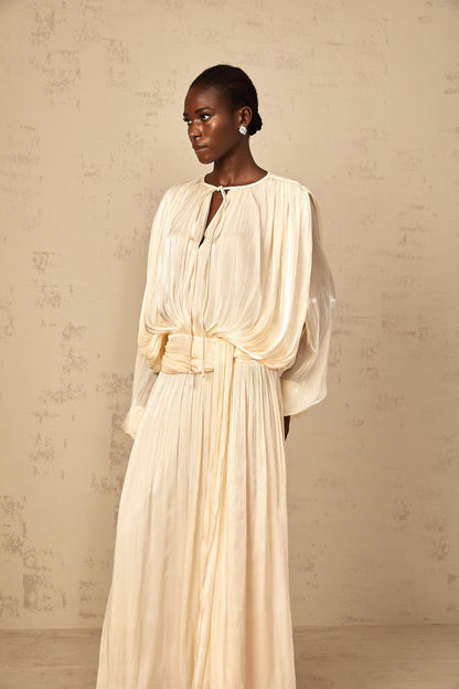 Eugénie Pleated Ruffle Maxi Dress in Neutral