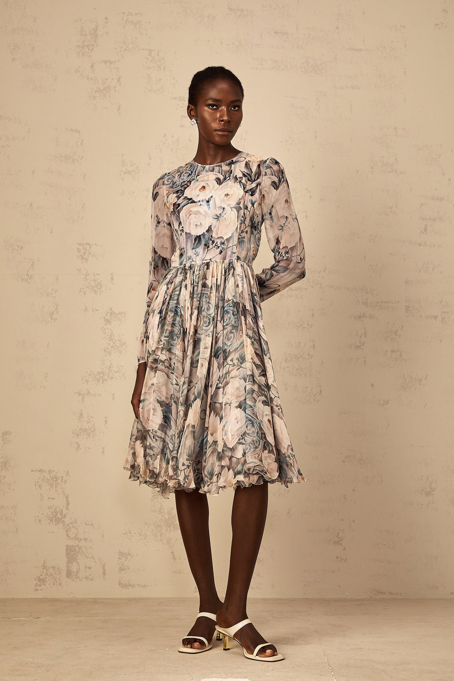 Mélanie Floral Print Pleated Chiffon Midi Dress