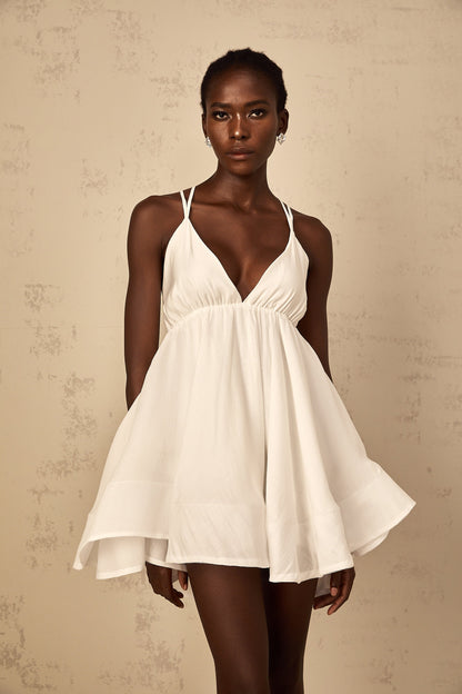 Quincie white shirred flounced mini dress