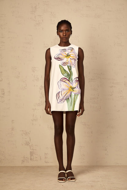 Irène White Sequin Floral Embroidered Mini Dress