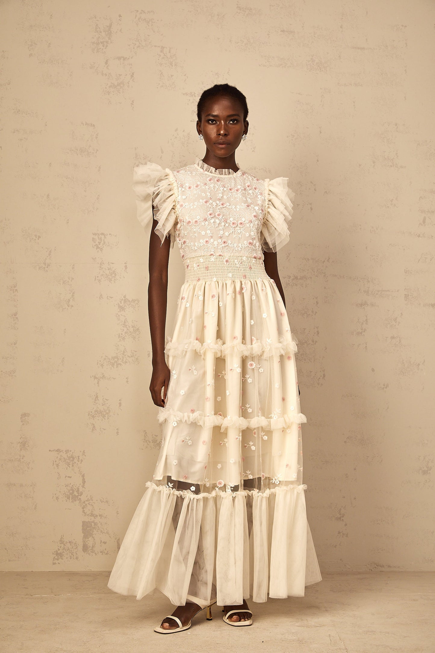 Caméo Cream White Floral Embroidered Tiered Tulle Maxi Dress