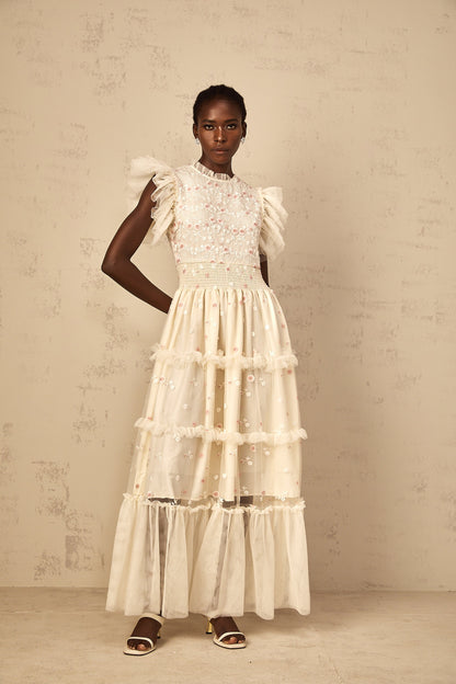 Caméo Cream White Floral Embroidered Tiered Tulle Maxi Dress