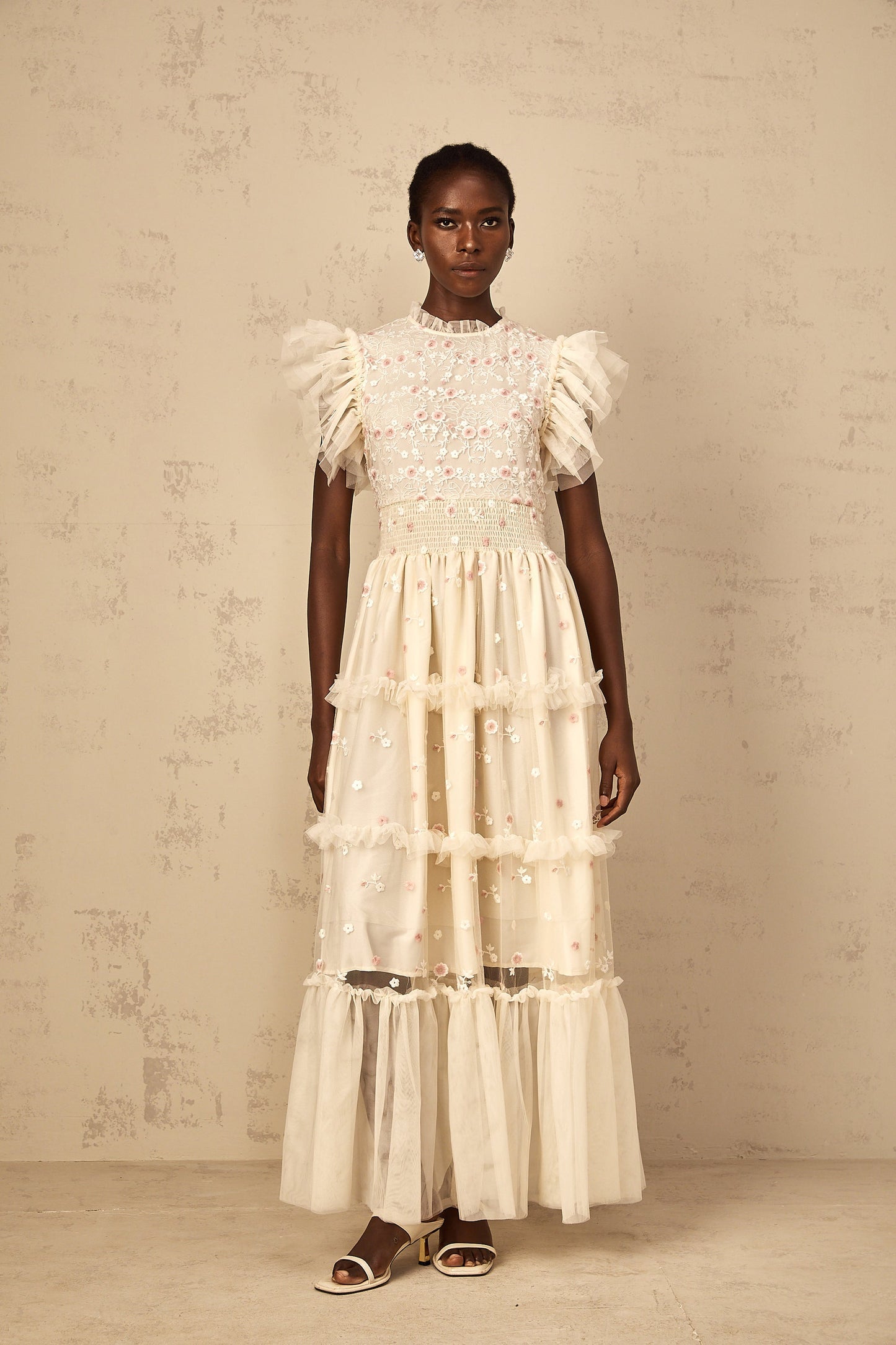 Caméo Cream White Floral Embroidered Tiered Tulle Maxi Dress