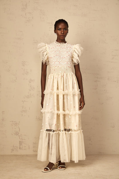 Caméo Cream White Floral Embroidered Tiered Tulle Maxi Dress