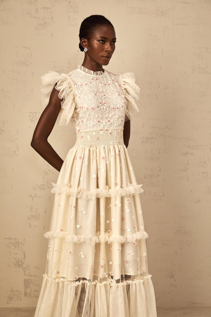 Caméo Cream White Floral Embroidered Tiered Tulle Maxi Dress