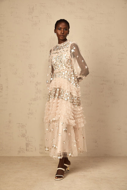 Dianthe Floral Embroidered Tiered Tulle Maxi Dress