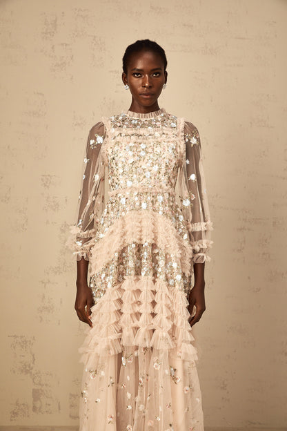 Dianthe Floral Embroidered Tiered Tulle Maxi Dress