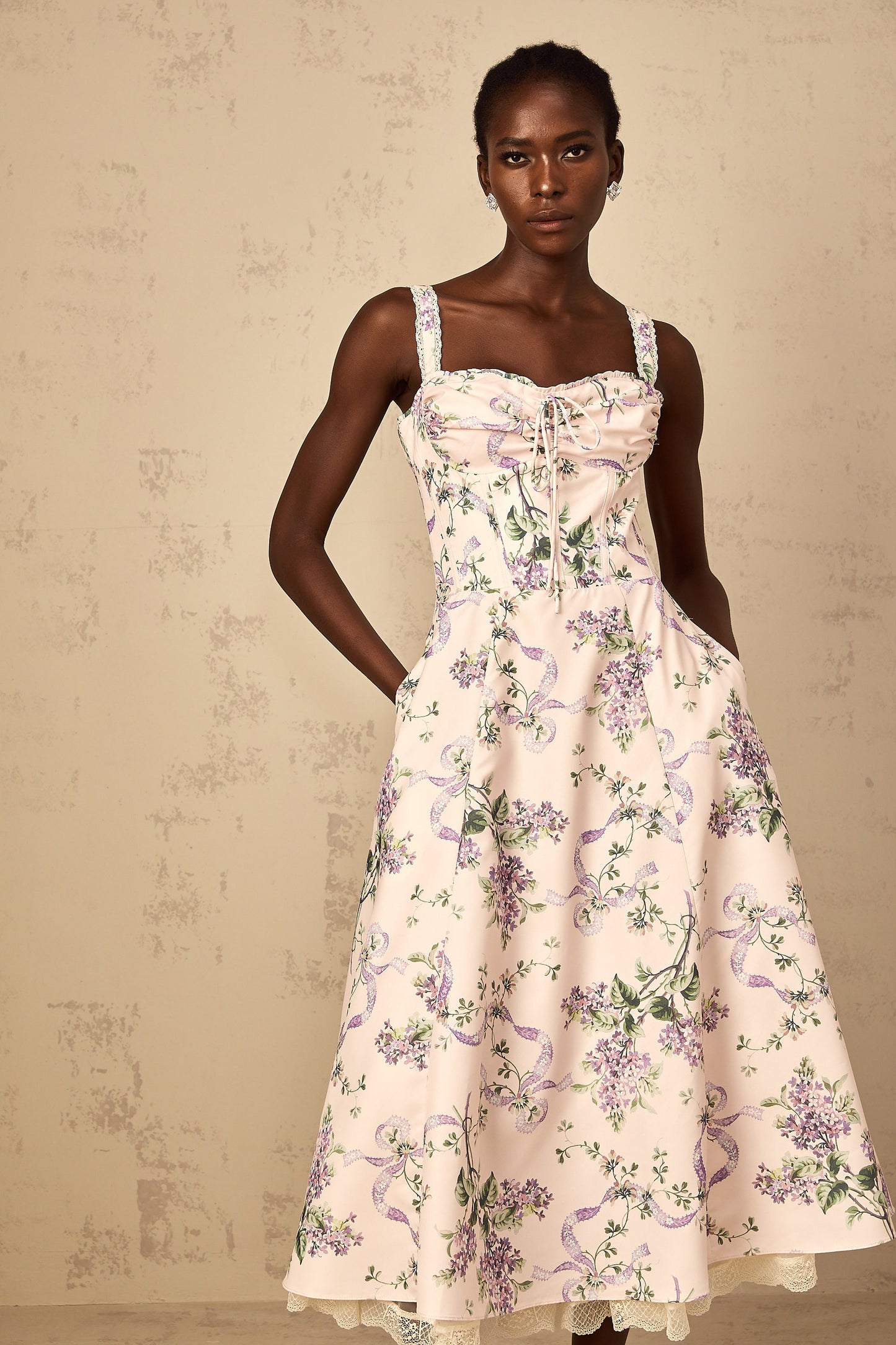 Eole Pink Floral Print Shirred Midi Dress