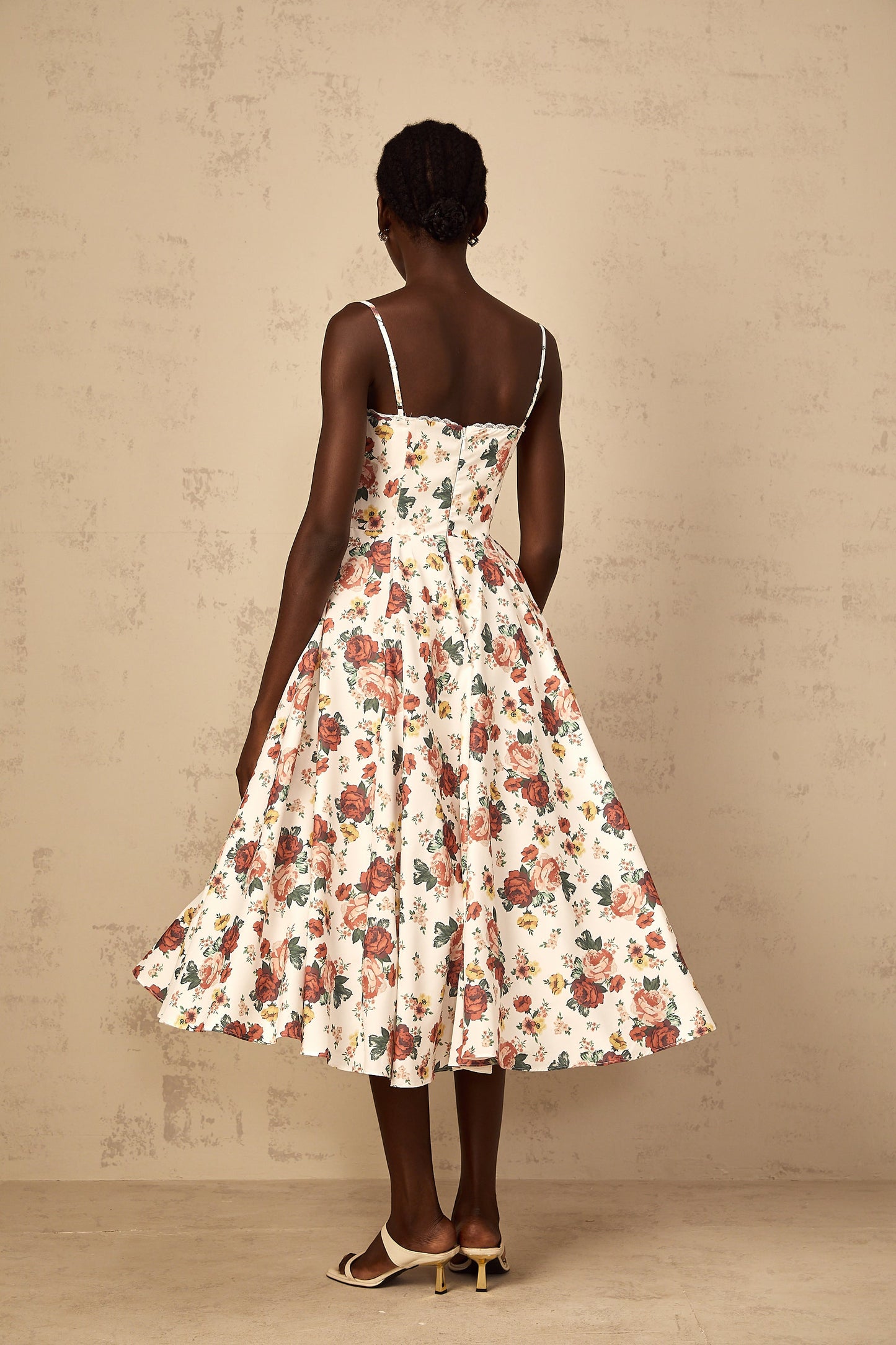 Airelle White Rose Print Flounced Midi Dress