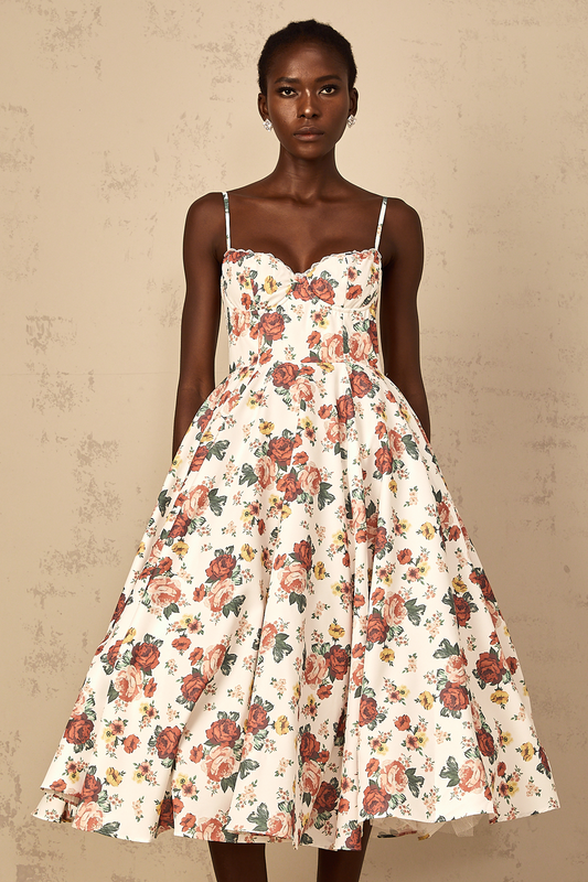 Airelle White Rose Print Flounced Midi Dress