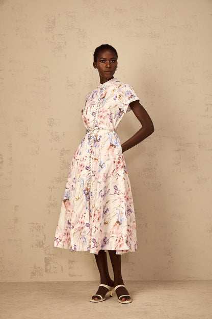 Géraldine White Mock-Neck Floral Print Midi Dress