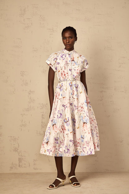 Géraldine White Mock-Neck Floral Print Midi Dress