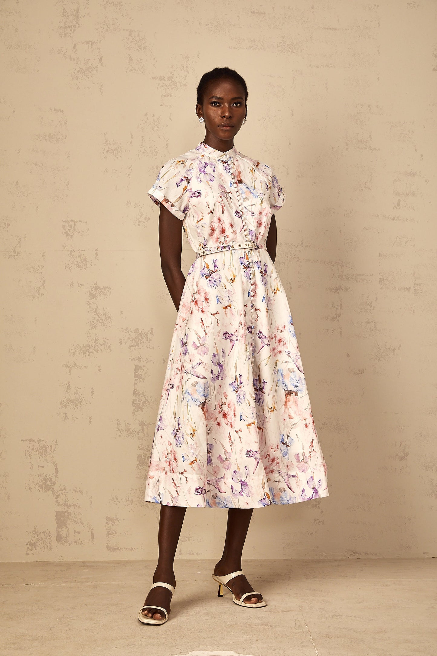 Géraldine White Mock-Neck Floral Print Midi Dress