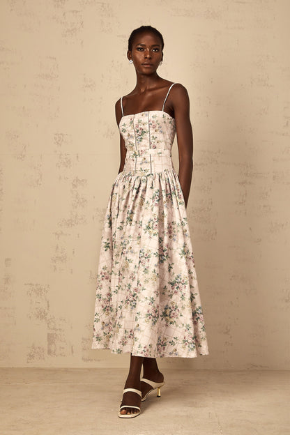 Fleur Neutral Floral Print Midi Dress