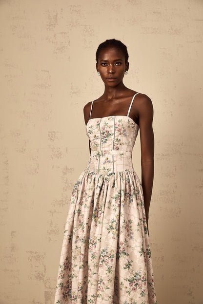 Fleur Neutral Floral Print Midi Dress