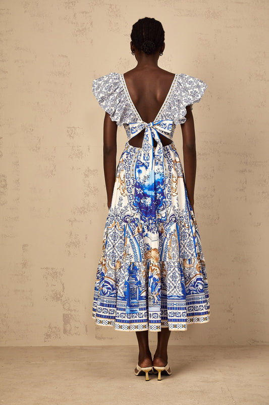 Calliopée Blue Baroque Print Tiered Midi Dress