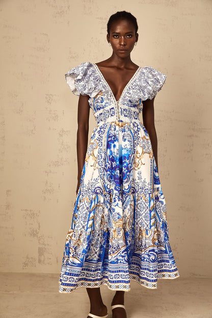 Calliopée Blue Baroque Print Tiered Midi Dress