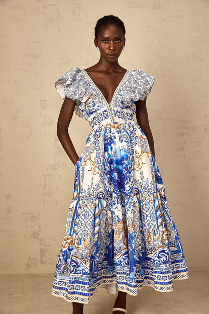 Calliopée Blue Baroque Print Tiered Midi Dress