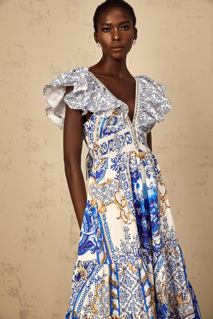 Calliopée Blue Baroque Print Tiered Midi Dress