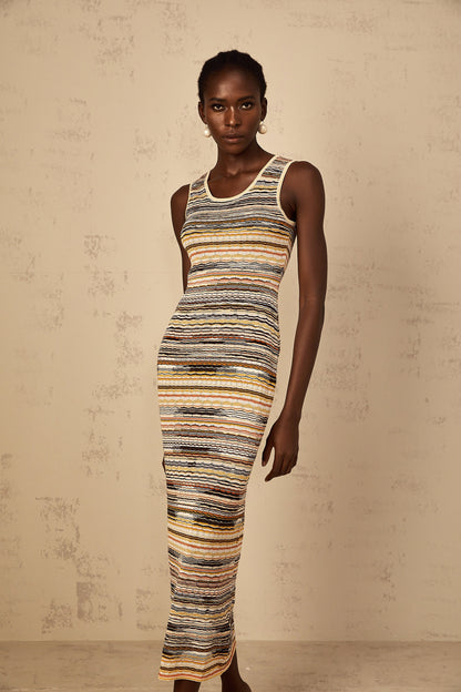 Quentin Yellow Striped Crochet Knit Midi Dress