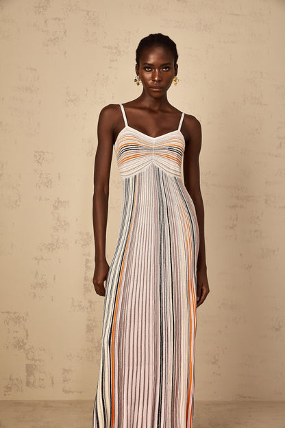 Bruyère Neutral Sequin Striped Knit Maxi Dress