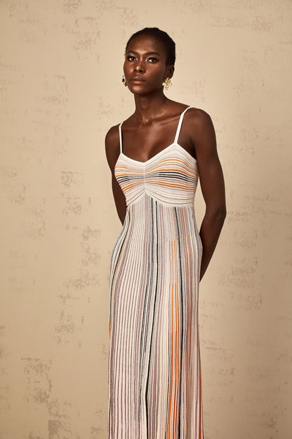 Bruyère Neutral Sequin Striped Knit Maxi Dress
