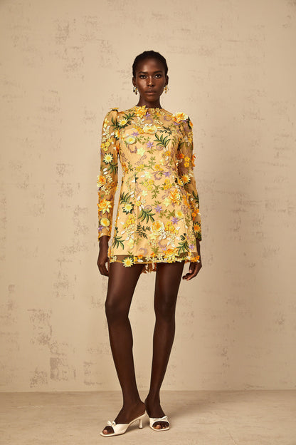 Jolien 3D Floral Appliqué Mini Dress in Yellow