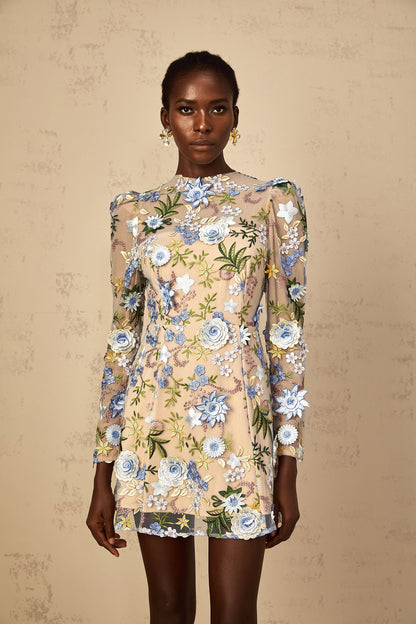 Jolien Blue Floral Appliqué Embroidered Tulle Mini Dress