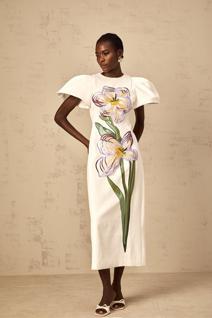 Irène White Sequin Floral Embroidered Midi Dress
