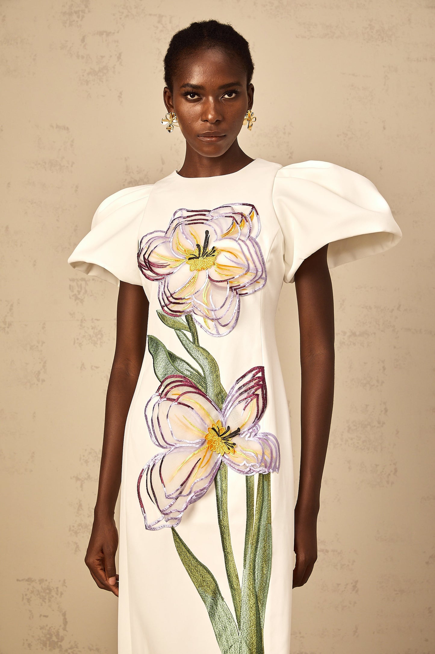 Irène White Sequin Floral Embroidered Midi Dress
