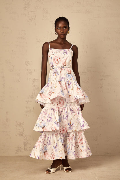 Géraldine White Floral Print Ruffled Tiered Maxi Dress