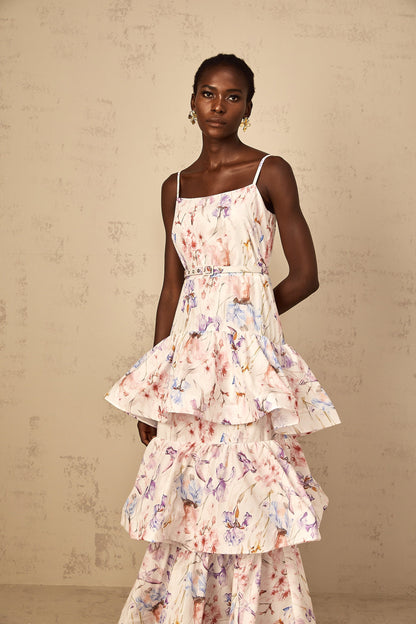 Géraldine White Floral Print Ruffled Tiered Maxi Dress