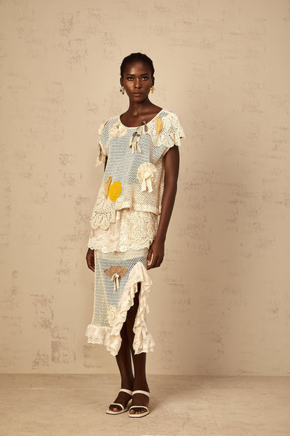 Léa lace-panel crochet-knit midi skirt