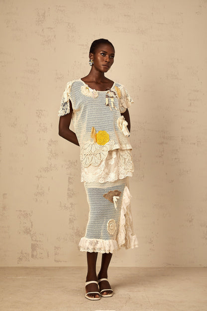 Léa lace-panel crochet-knit midi skirt