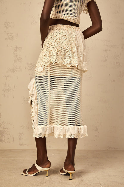 Léa lace-panel crochet-knit midi skirt