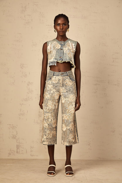 Amaryllis blue floral-lace-panel denim jeans