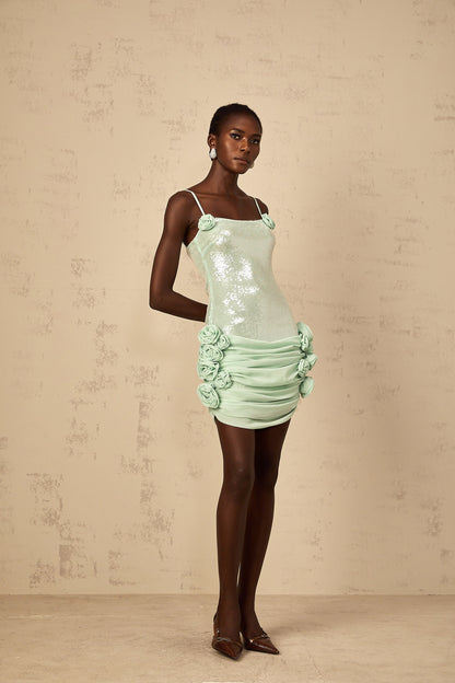 Élise green sequin-embellished floral mini dress