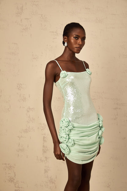 Élise green sequin-embellished floral mini dress