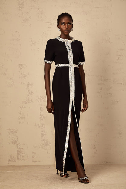 Mylène Black Front Slit Crystal Embellished Maxi Dress