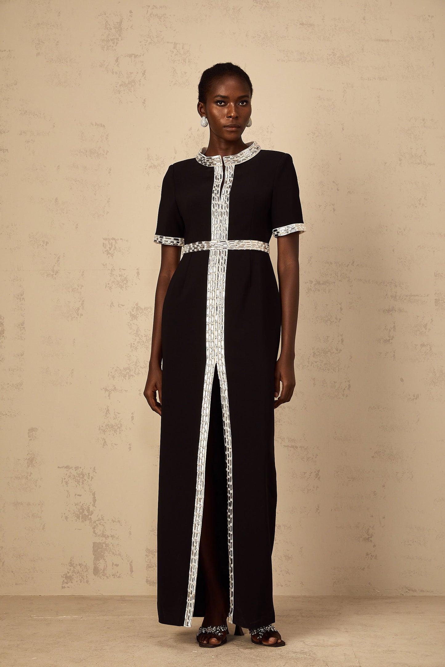 Mylène Black Front Slit Crystal Embellished Maxi Dress