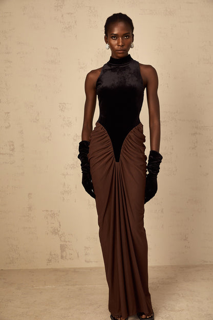 Mathilde brown velvet-panel ruched maxi dress
