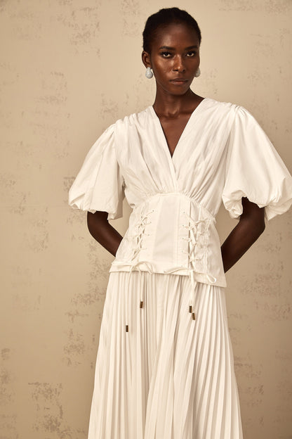 Vienne White Lace-Up Pleated Maxi Dress